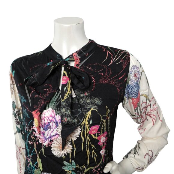 Hale Bob Floral Keyhole Blouse Long Sleeve Top Tie Neck Flowers Black White XS - Picture 3 of 9
